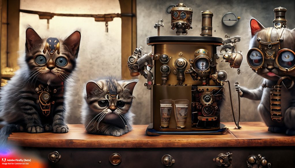 Angrysteampunk-kittens-waiting-for-a-espresso-machine-to-finsih
